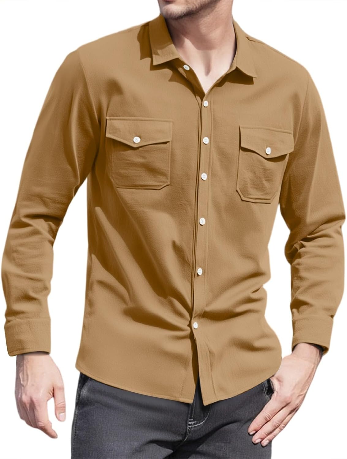 Ymosrh Men's Button Down Long Sleeve Regular Fit Cargo Work Dress Shirts with Pockets, S-3XL