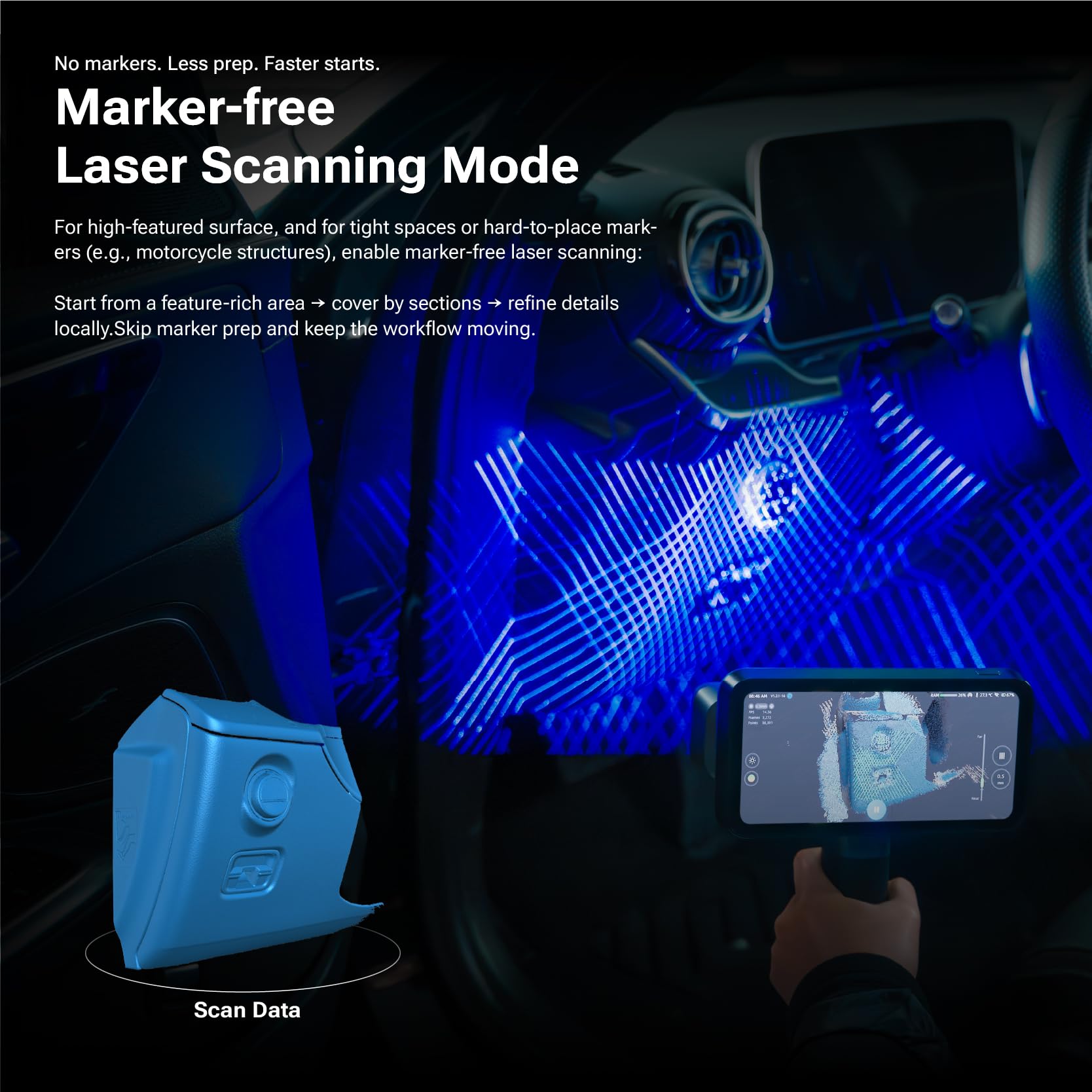 EinScan Rigil Lite 3D Scanner, 34+7 Blau-Laser & Infrarot Standalone Scanner mit 6,4" 2K AMOLED-Touchscreen, Kabellos & PC Modi für Automotive & Reverse Engineering, 24GB RAM+512GB SSD