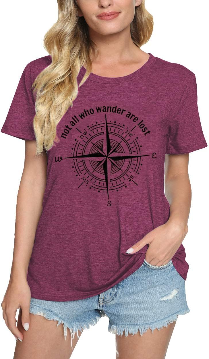 Compass Graphic Tees for Women Not All Who Wander are Lost T Shirt Casual Vacation Short Sleeve Camping Travel Tee Tops - Image 2