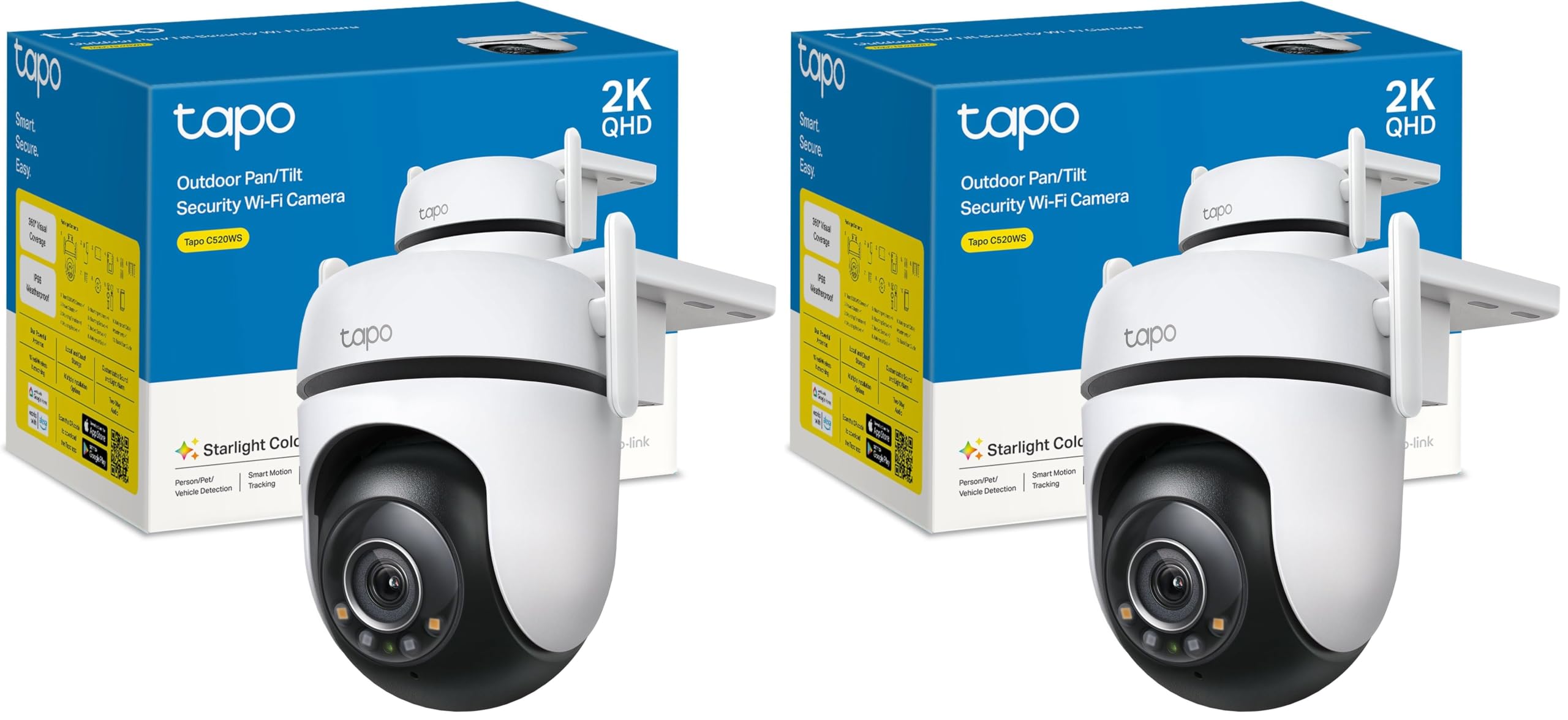 Tapo C520WS - Cámara Vigilancia Wi-Fi Exterior 360°, Resolución 2K QHD, Visión Nocturna en Color Starlight, Detección IA Múltiple, Seguimiento de Movimiento, IP66 (Paquete de 2)