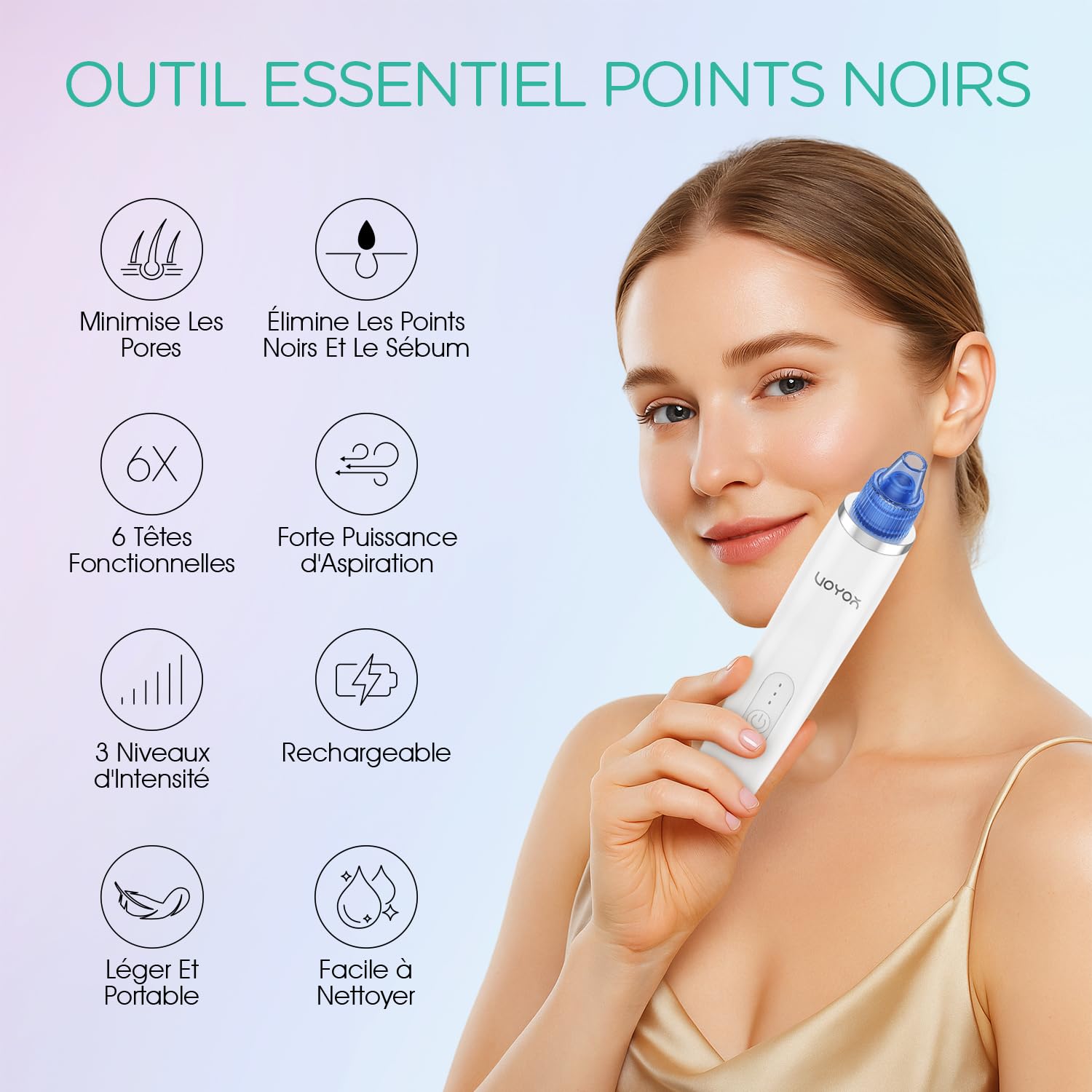 VOYOR 6 en 1 Aspirateur Point Noirs Professionnel Extracteur de Point Noir Electrique Tire Comedons Nettoyant de Pores Soin Visage Femme Blackhead Removal, 6 Sondes et 3 Modes, Rechargeable BR410