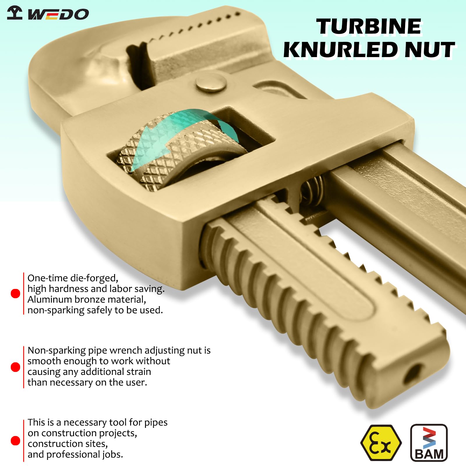 WEDO Zestaw kluczy do rur nieiskrzących, 30 cm + 45 cm, 2 szt. prosty zestaw kluczy hydraulicznych, regulowany klucz do rur, aluminiowy brąz, odporny na korozję, polerowana powierzchnia, standard BAM