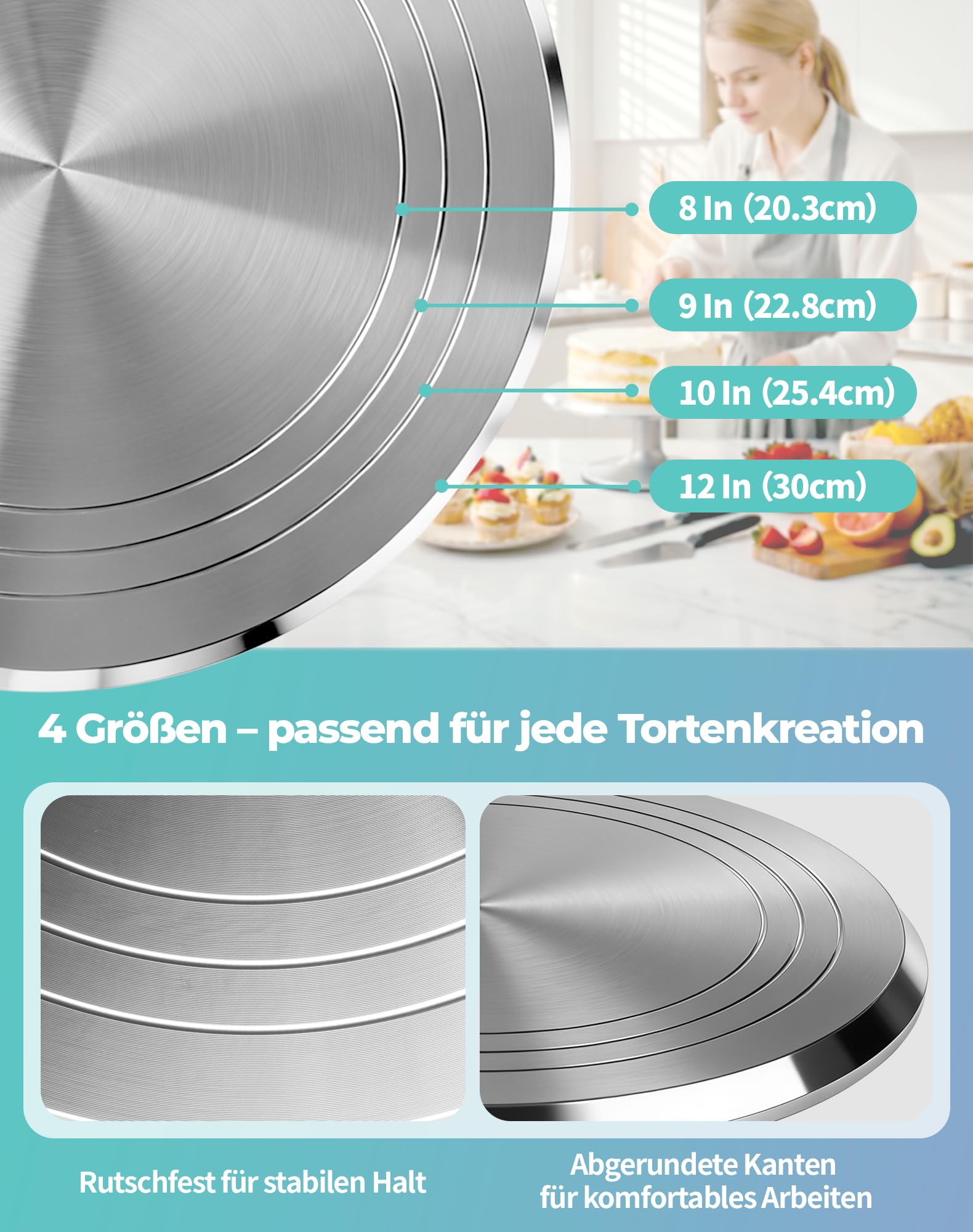 Piatto girevole per torte da 30 cm in alluminio, piatto girevole per torte con rotazione silenziosa a 360°, base antiscivolo, set di accessori per torte con spatola e spatola lisciante