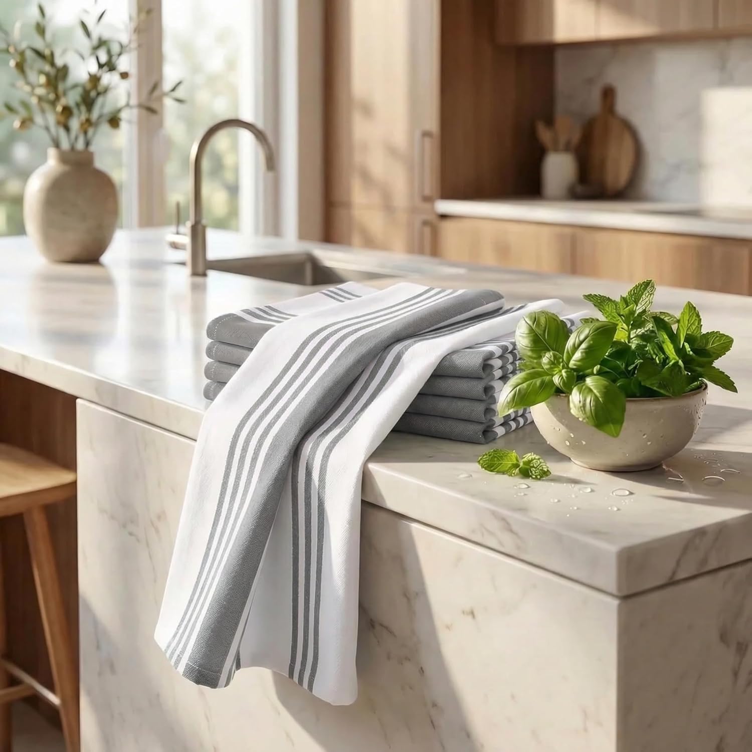 Urban Villa Kitchen Towels 100% Cotton Dish Towels for Kitchen (Set of 6) 20”x30” Dish Cloths Highly Absorbent Kitchen Linen Set with Hanging Loop Perfect for Drying Dishes Cleaning Towels-Grey White 005 Dove Grey/White 20