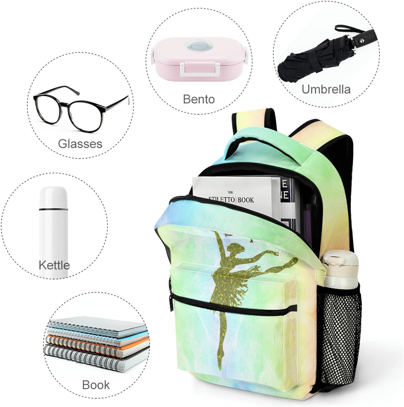 Dance Ballerina Green Yellow Personalized Backpack Waterproof Shoulder Bag for Birthday Holiday Gift with Name
