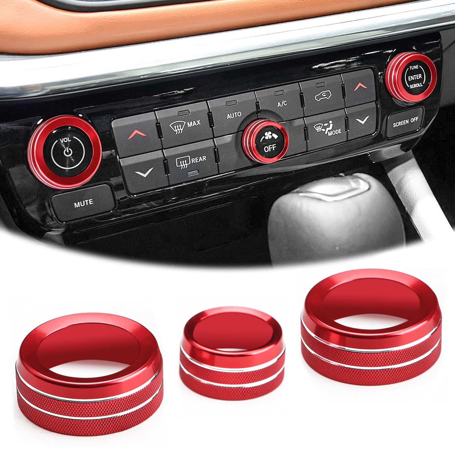 Auovo Volume/Tune Control A/C Control Knob Covers Compatible with Compass Accessories 2021 2022 2023 2024 Center Console Control Switch Knob Button Cover Trim Car Interior Trim Decorations(Red)