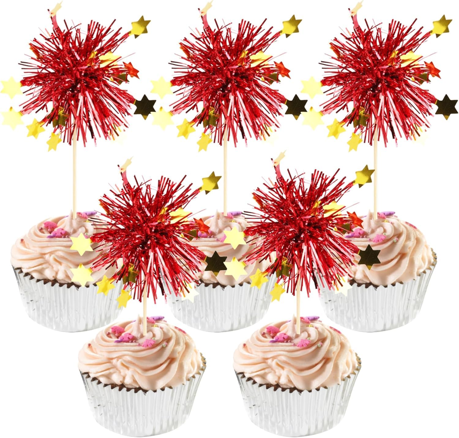SYKYCTCY 30 Pack Foil Firework Cupcake Toppers Happy Birthday Cake Toppers Star Sparkle Tinsel Flower Drink Stirrers Cocktail Fruit Toothpicks for Birthday Wedding Graduation Party Supplies