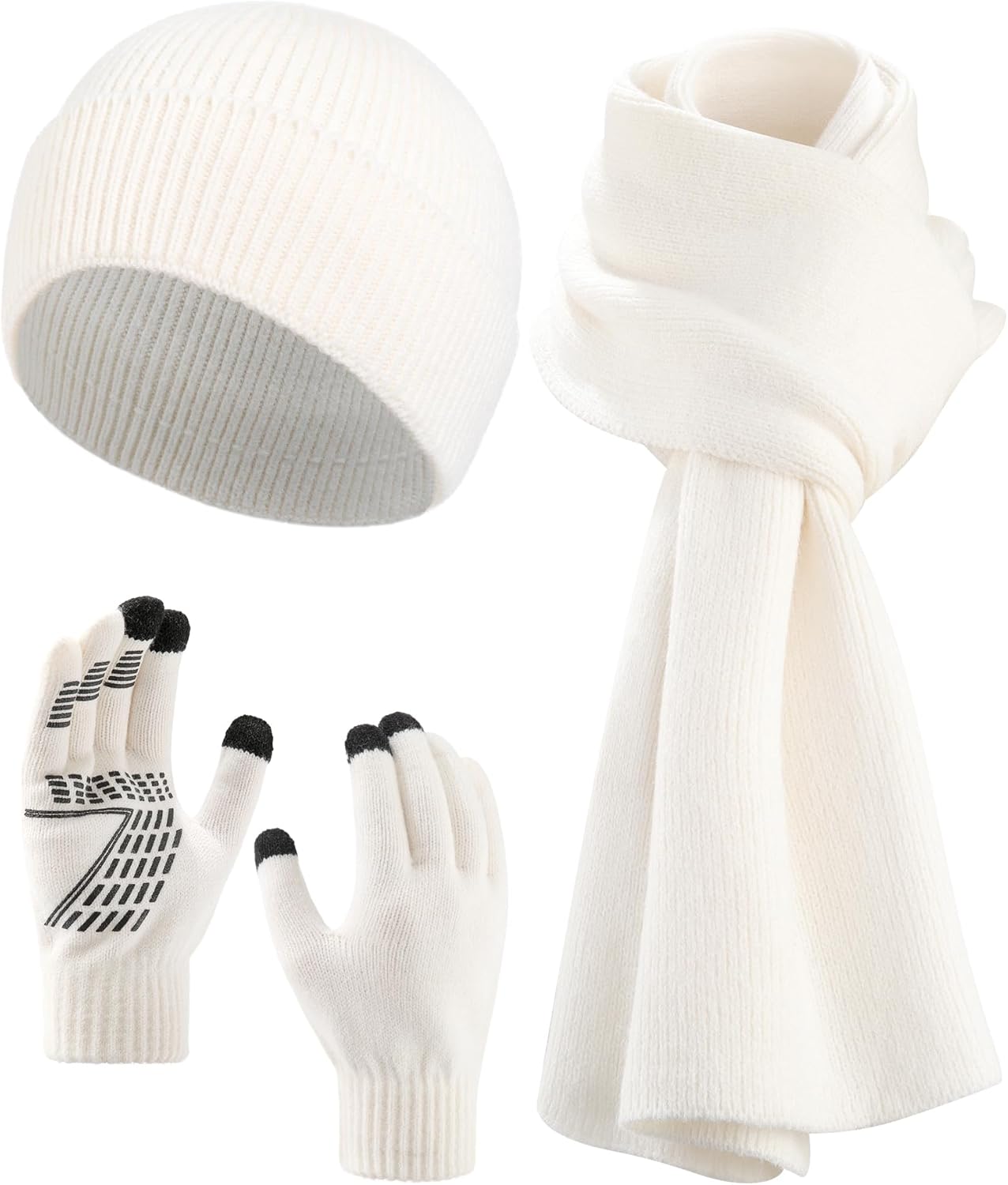 AWAYTR Women Winter Beanie Hat Scarf Gloves Set, 3Pcs Warm Knitted Hat Touchscreen Gloves Long Scarf for Cold Weather