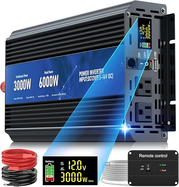 3000W Power Inverter,Peak Power 6000W 12V DC to AC 110V120V,Remote Control with 2AC Outlets and 2.4USB Port,LED Display for Power Converter,Outdoor Activities,Emergency,Vehicles Truck RV Solar System