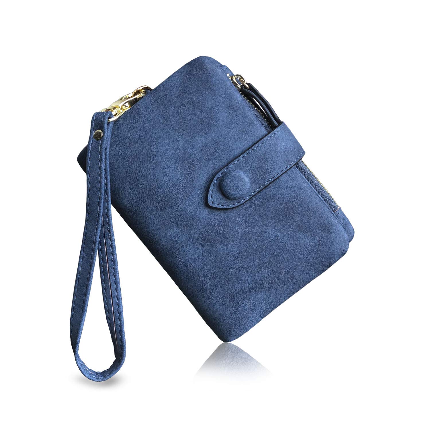 Womens Small Bifold Leather Wallets Rfid Ladies Wristlet with Card slots id window Zipper Coin Purse - Blue - S