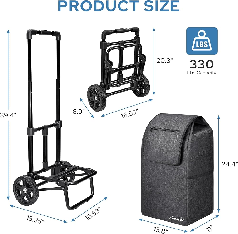 KEDSUM 2 in 1 Shopping Carts for Groceries, 330 lbs Grocery Cart on Wheels, Foldable Utility Carts with Wheels, Hand Truck with Waterproof Tote Bag for Shopping, School, Laundry, Craft Show, Black