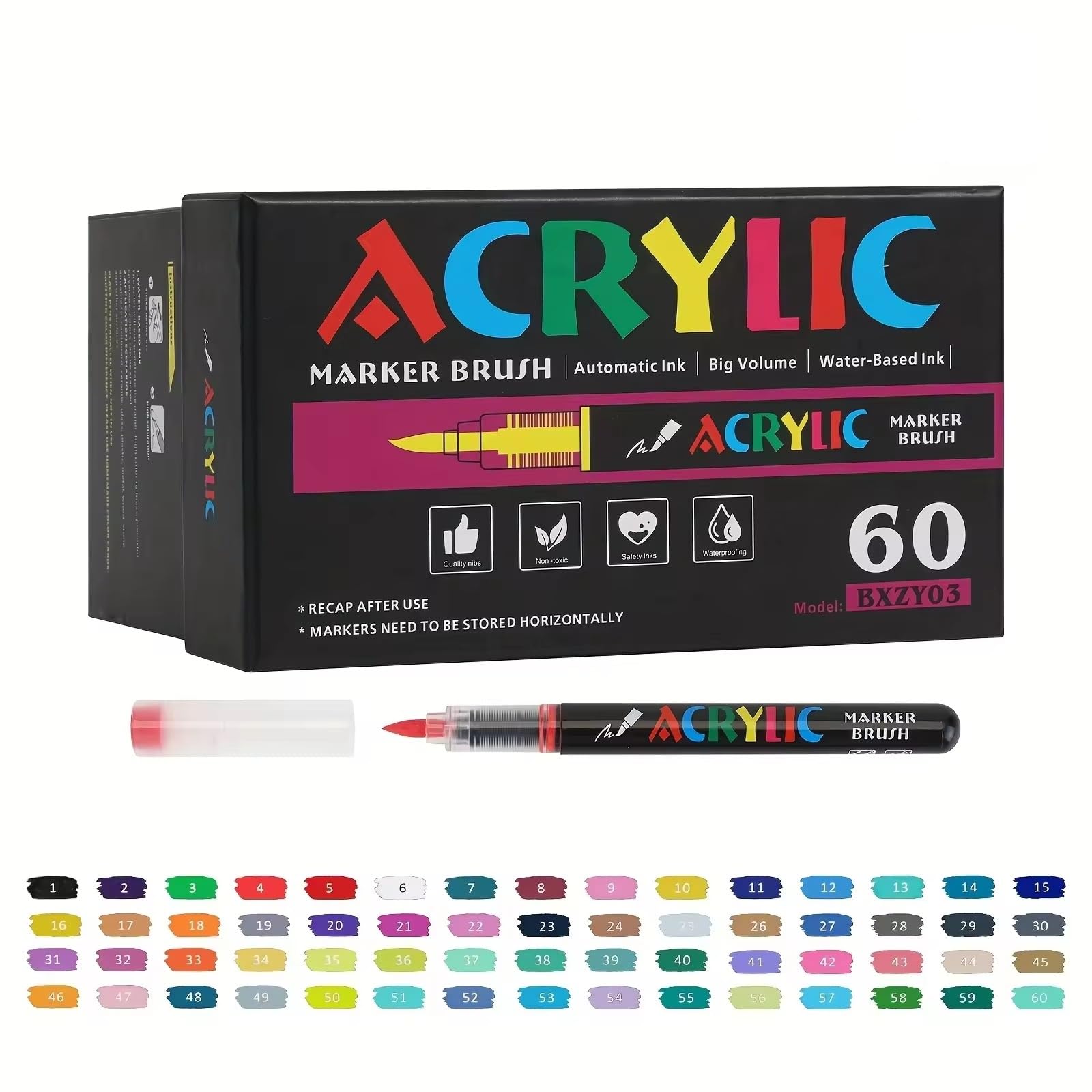 VOORDEEL™ 60 Colors Acrylic Marker Brush Pens Set – Water Based Paint Markers for Rock Painting,Canvas, Wood,Glass, Ceramic, Fabric & DIY Craft – Dual Tip Acrylic Paint Pens for Artists, Kids & Adults