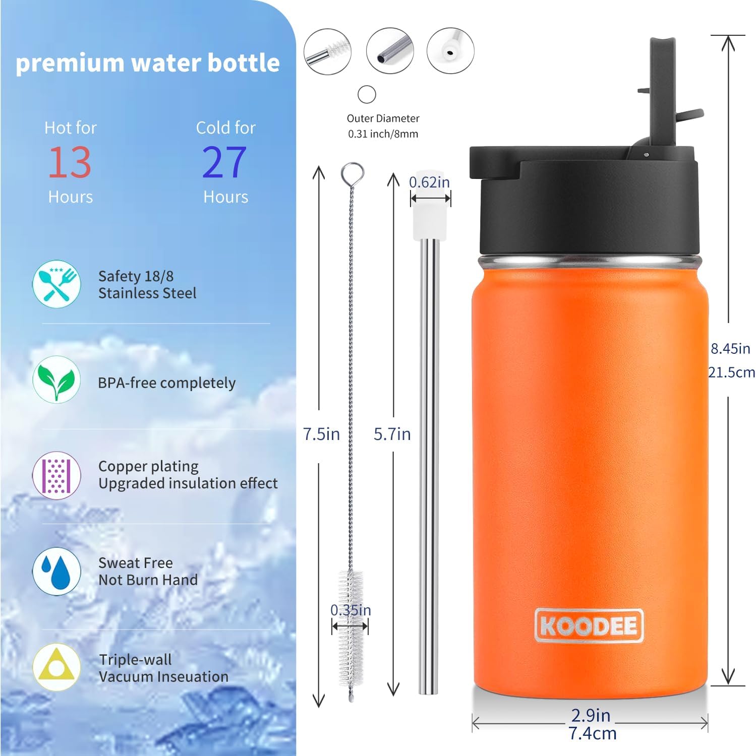 koodee 12 oz Water Bottle for kids Stainless Steel Vacuum Insulated Wide Mouth Water Bottle with 3 Lids-Reusable Metal Small Water Flask for Girls(Mango Yellow) - Image 7