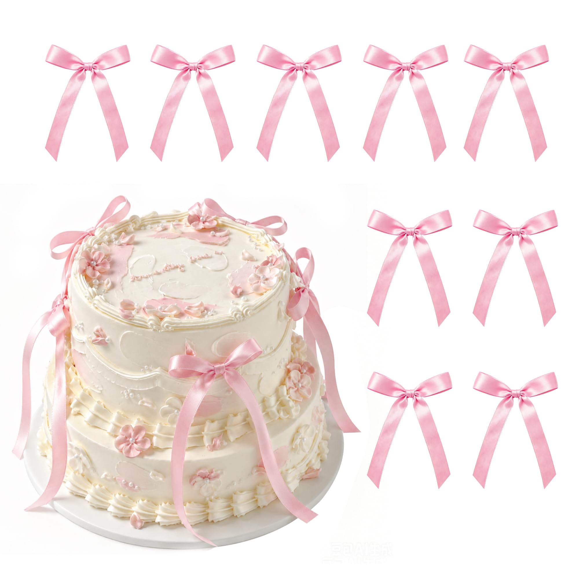 EDSG 30 Pack Bows Cake Decorations, Cupcake Toppers Decoration Ribbon Bow Birthday Decorations for Baby Shower, Wedding, Engagement, Bachelorette Party(Only 30 Pcs Pink Bow)
