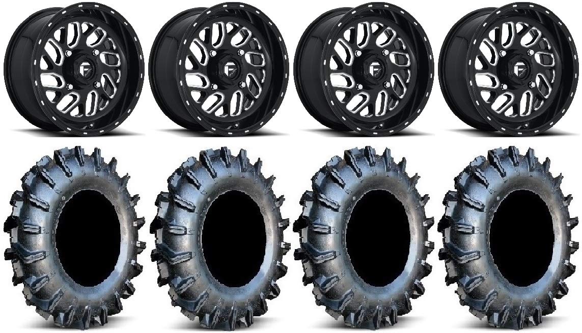 Bundle - 9 Items: Fuel Triton Black 16" Wheels 34" MotoBoss Tires [4x137 Bolt Pattern 12mmx1.5 Lug Kit]