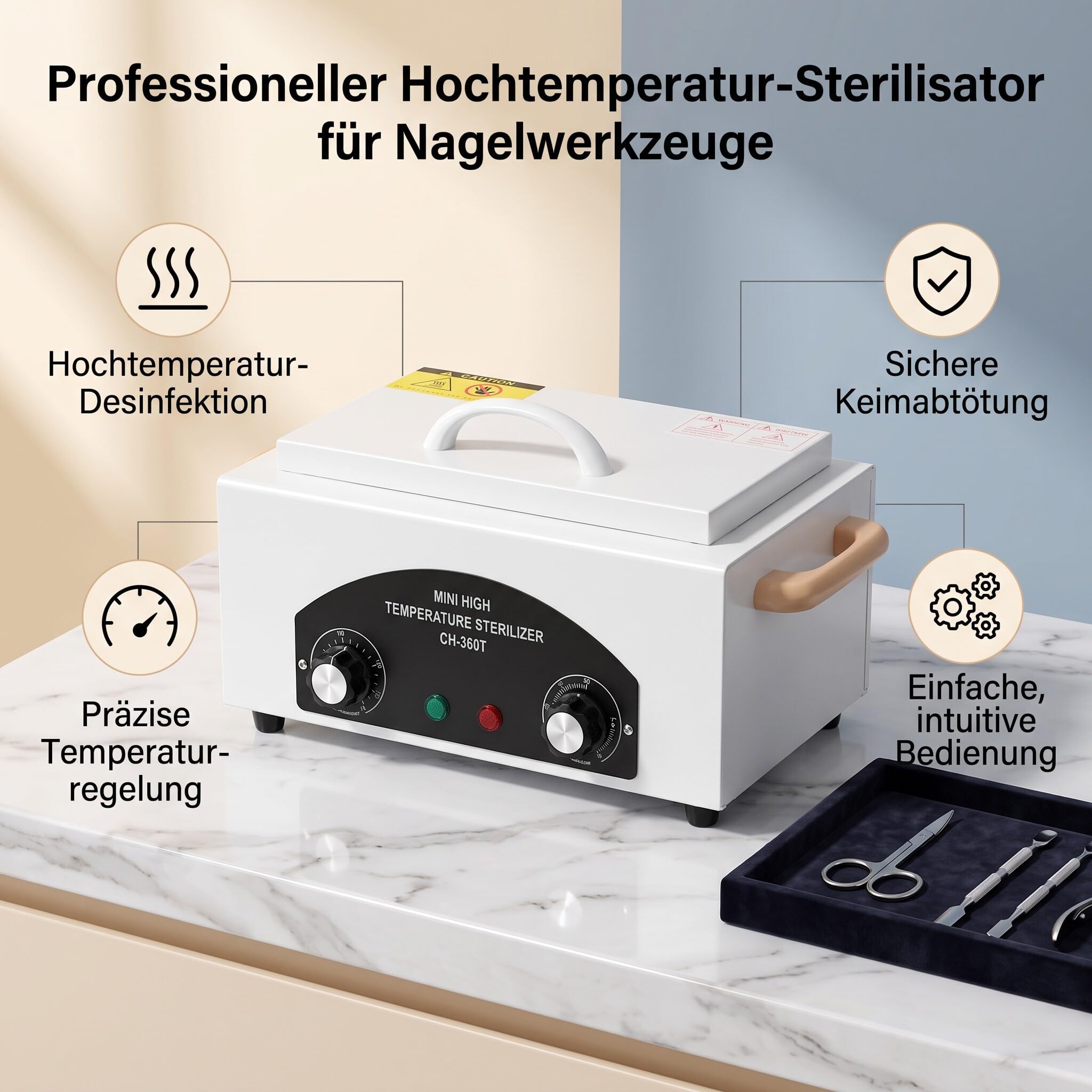 Esterilizador Manicura de Aire Caliente para Manicura y Pedicura, Autoclave Esterilizador Profesional 300W, Temperatura 220℃, con Temporizador