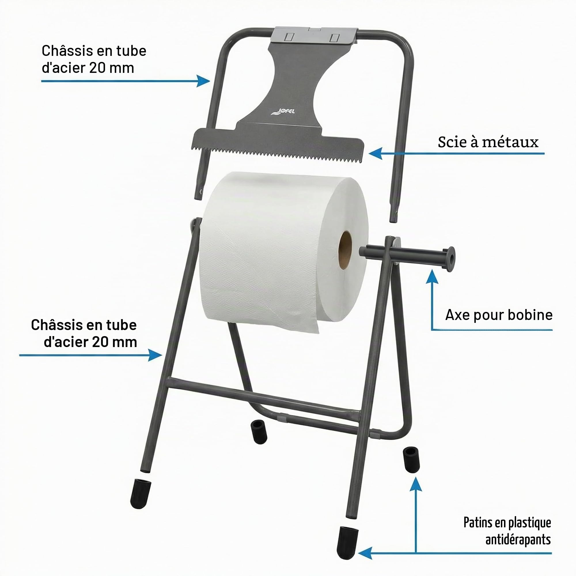 Jofel - Porte-rouleau pliable au sol, Distributeur de papier industriel avec coupe frontale, grande capacité, tube acier 20mm, accepte des rouleaux jusqu'à 500m, AD30010