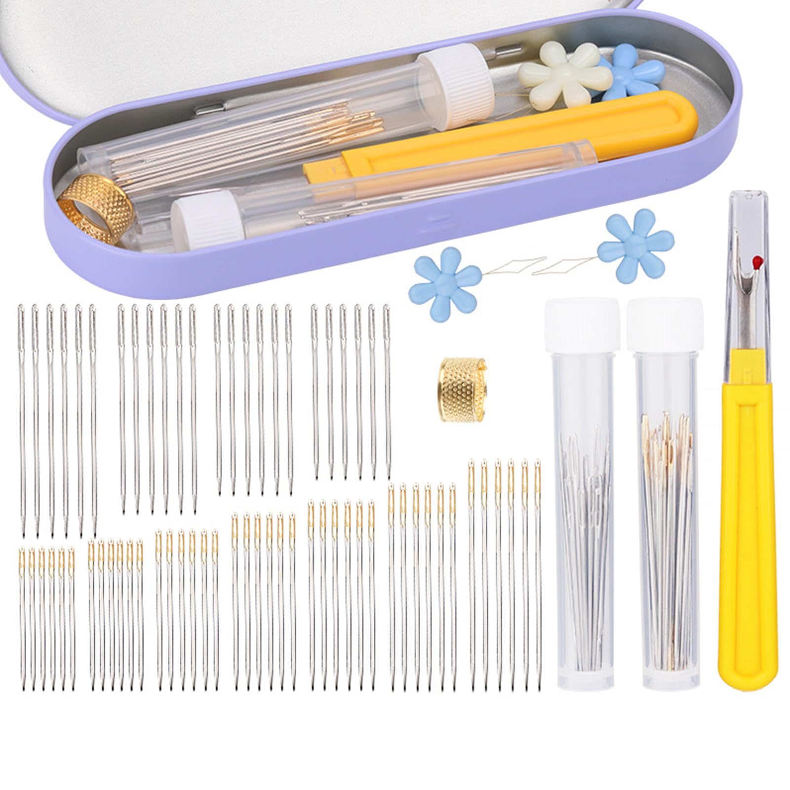 MRKU Sticknadeln aus Edelstahl mit großem Öhr in 11 Größen und Aufbewahrungskoffer mit Einfädler und Fingerhut zum Handnähen und Reparieren von Kleidung