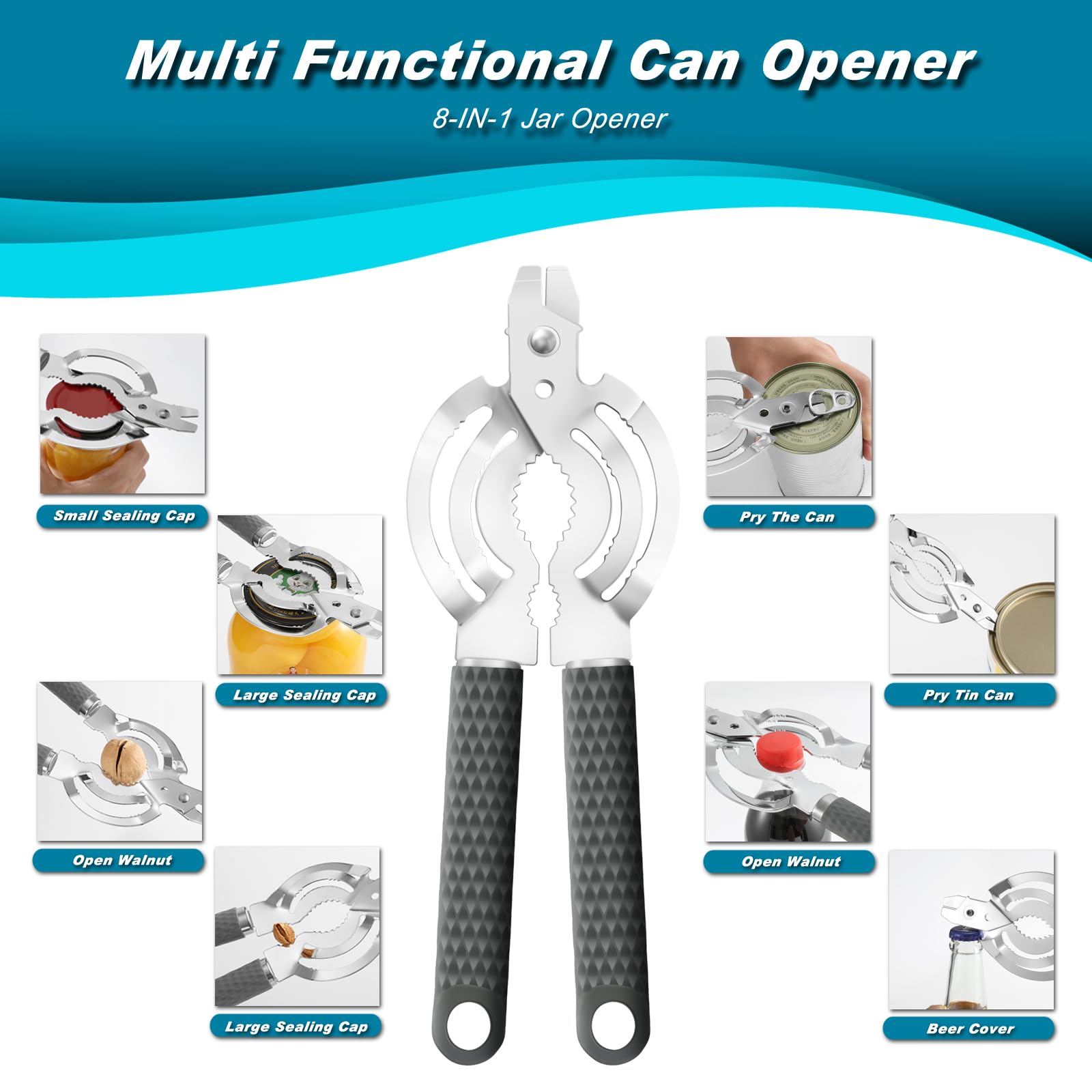 ISZW Abrelatas manual, manual de mano, corte de borde suave, abrelatas resistente, abrelatas manuales con mango suave de silicona, perilla fácil de girar, abridor de botellas multifunción (gris, 2