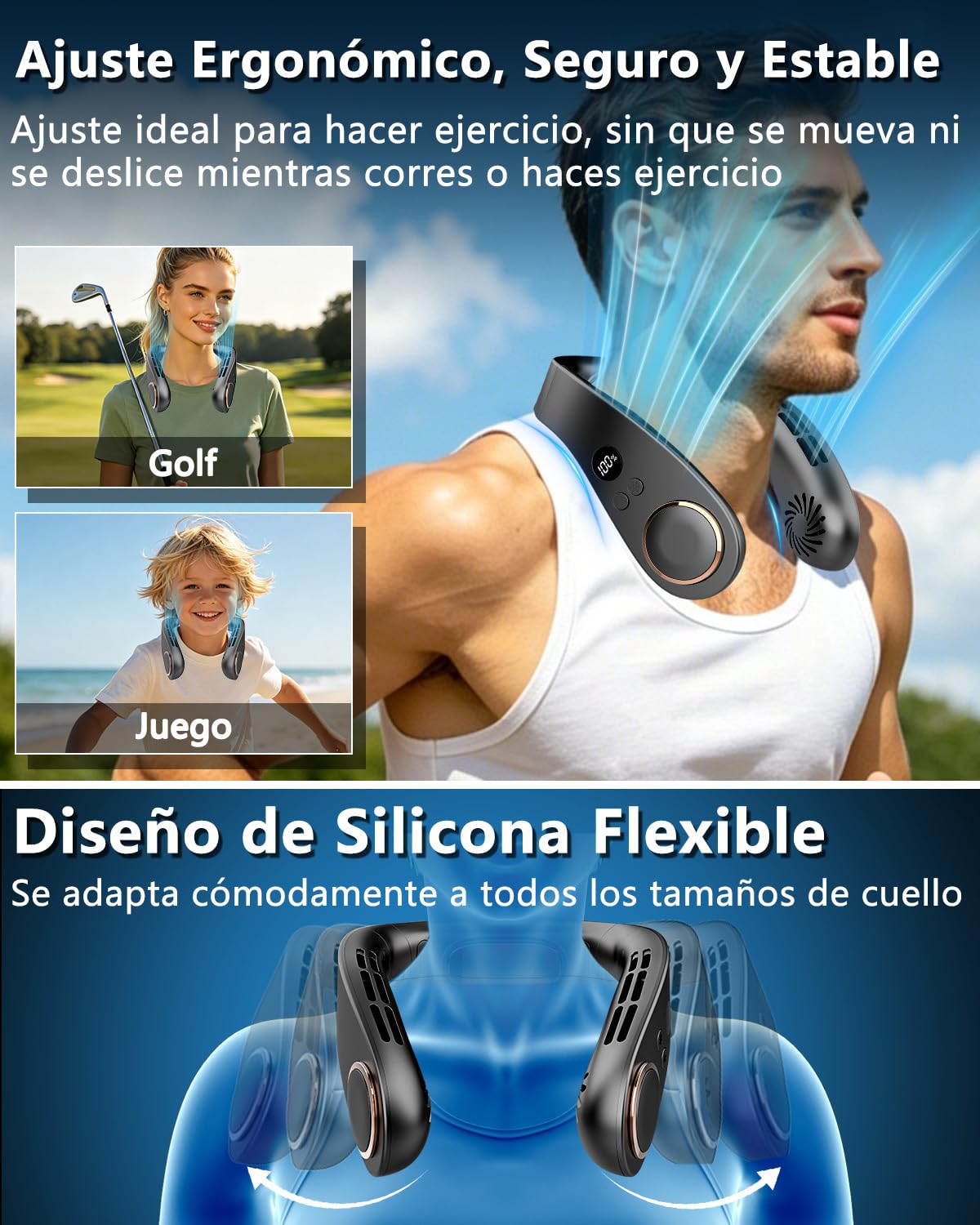 Kouric Ventilador de Cuello con Aire acondicionado Silencioso,5 Velocidades,5500mAh,Pantalla LED para Batería y Velocidad,Hasta 24 Horas,Portatil para Viajes, Oficina, Deportes y Exteriores-Negro