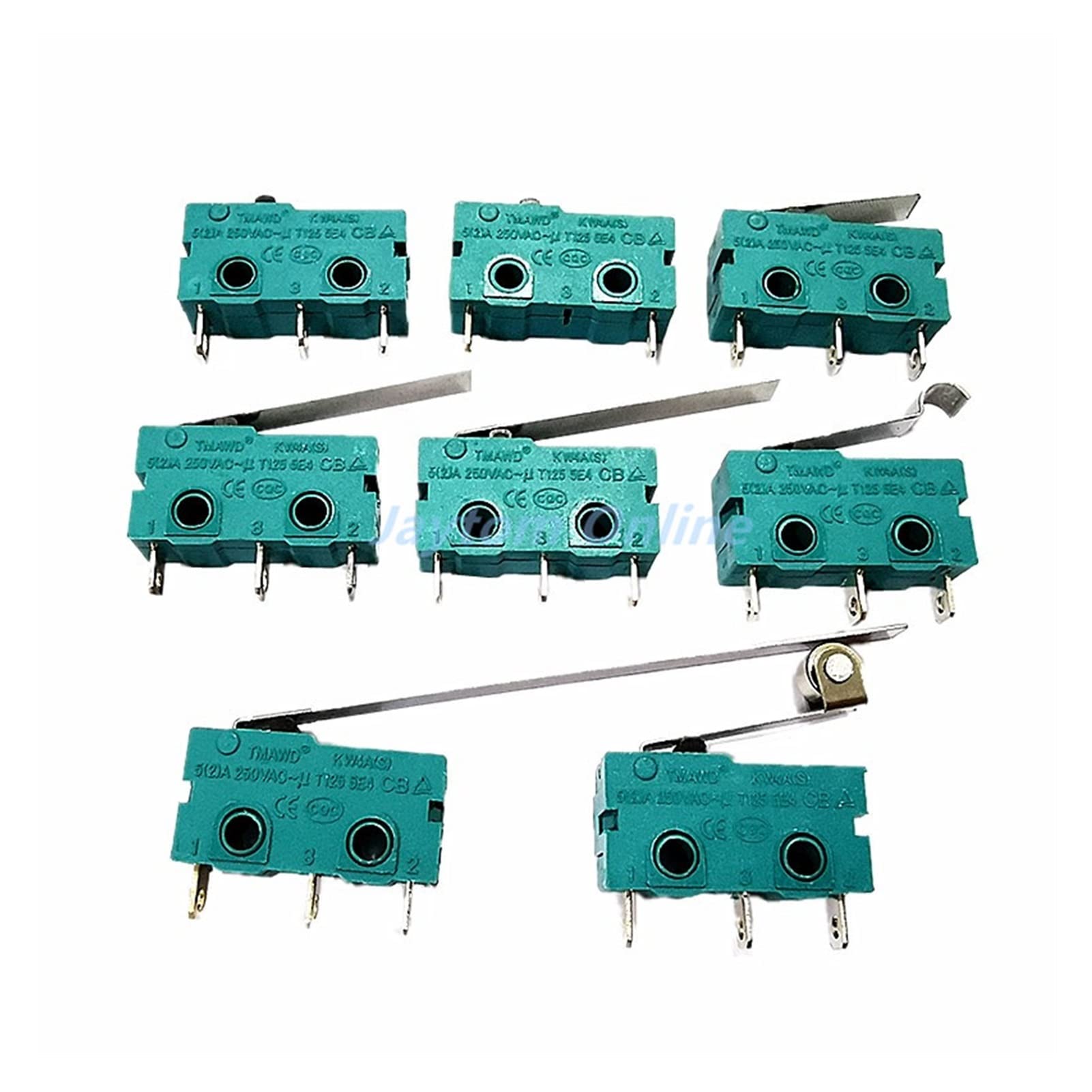 Microinterruptores, 5 uds., microinterruptor, brazo de palanca de rodillo, SPDT, acción a presión, 5A, 250V, KW4A, NC-NO-C con polea, interruptor de límite de carrera de 3 pines y 2 pines interruptor