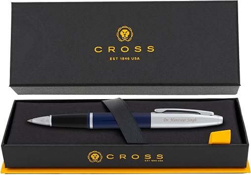 Cross Calais Rollerball Pen, Blue Lacquer with Chrome Appointments, Personalized Laser Engraving, Black Ink, Cross Gift Box, Graduation and Mothers Day Gift for Women and Men