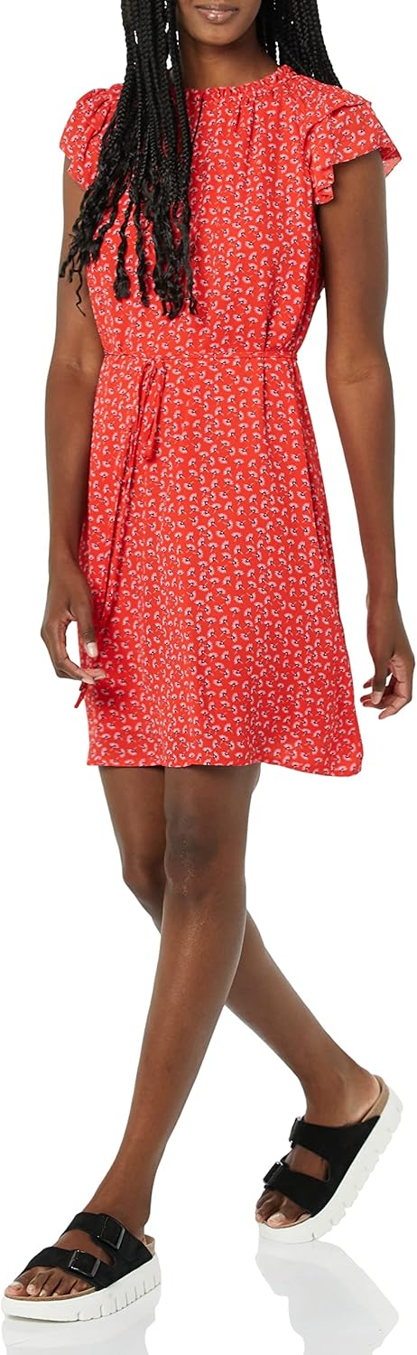 Amazon Essentials Women's Relaxed Fit Lightweight Georgette Split Neck Flutter Sleeve Shift Dress