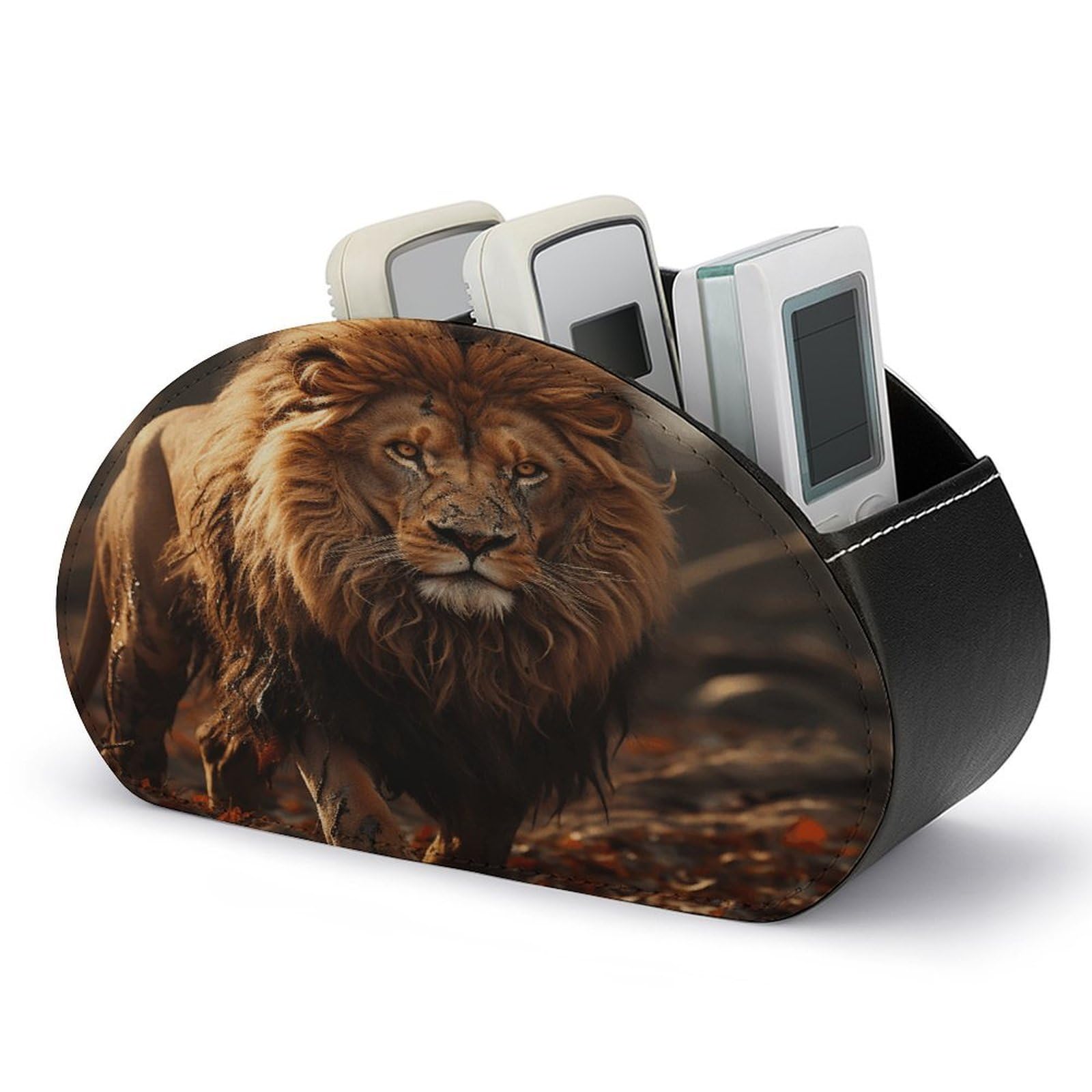 VstaDank Lion Image Remote Control Holder with 5 Compartments PU Leather TV Remoter Caddy Desktop Organizer TV Remote Holder Remote Box for Media Controllers Office Supplies