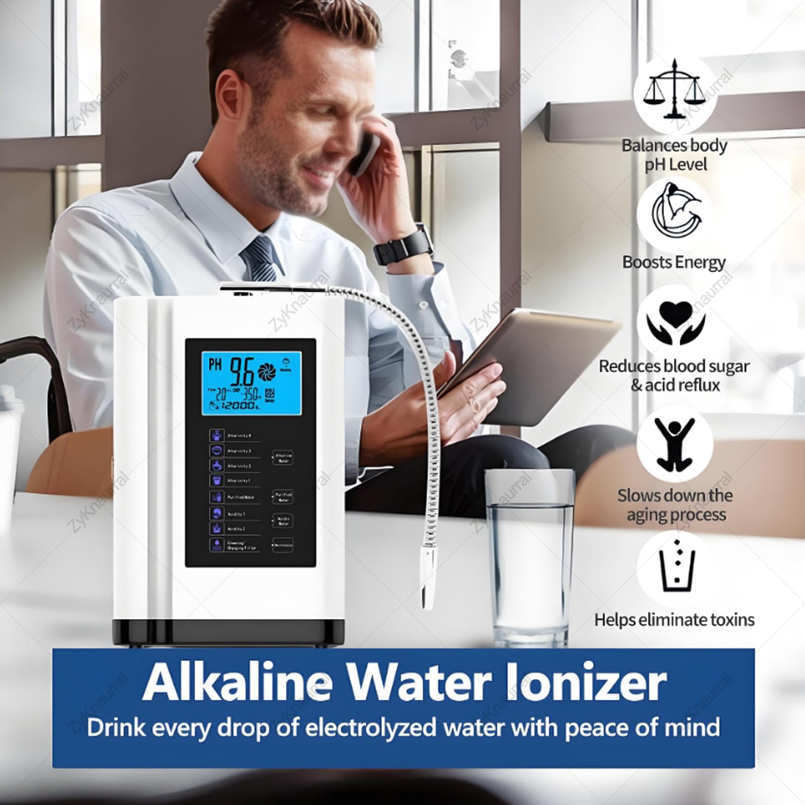 Ionizador De Agua Alcalina con 7 Configuraciones, hasta -500 Mv Orp, Ph 3.5-10.5, Máquina Purificadora De Agua, Filtración De Agua para El Hogar, Limpieza Automática White
