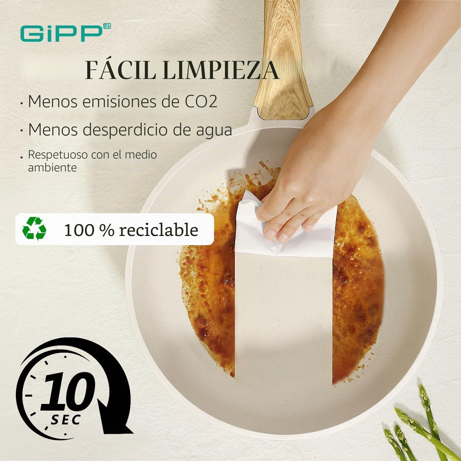 GiPP Traje de Olla Antiadherente de Granito - Cocina No Tóxica, Bandeja de Huevo Frito Con Mango Refrigerado, Fácil de Limpiar, Compatible Con Inducción (Blanco, 3 Piezas)