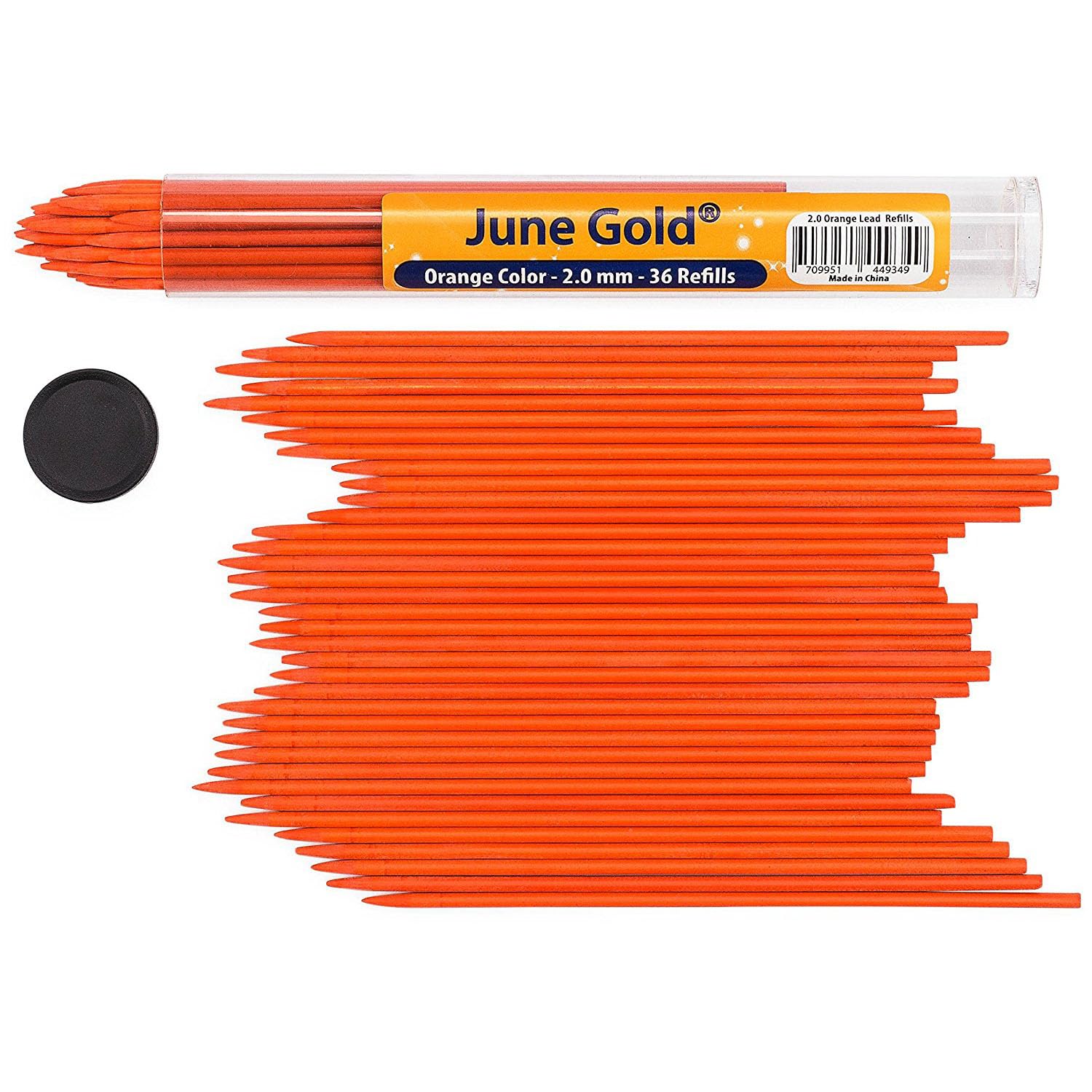 June Gold 36 Orange Coloured Lead Refills, 2.0 mm, Extra Bold Thickness for Heavy Use, Break Resistant with a Convenient Dispenser โ image 1