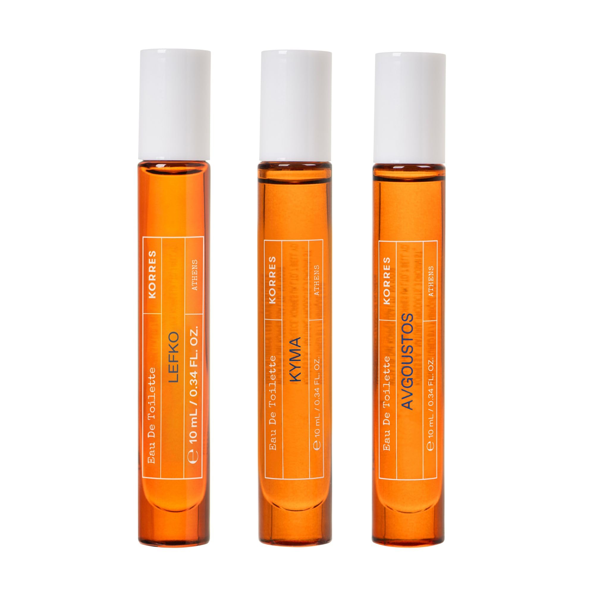 KORRES Greek Scents EDT Reiseset Unisex – 3x 10 ml Duftphiolen mit Roll-On, Avgoustos, Kyma & Lefko, ideal zum Kennenlernen, Verschenken und für unterwegs, vegan