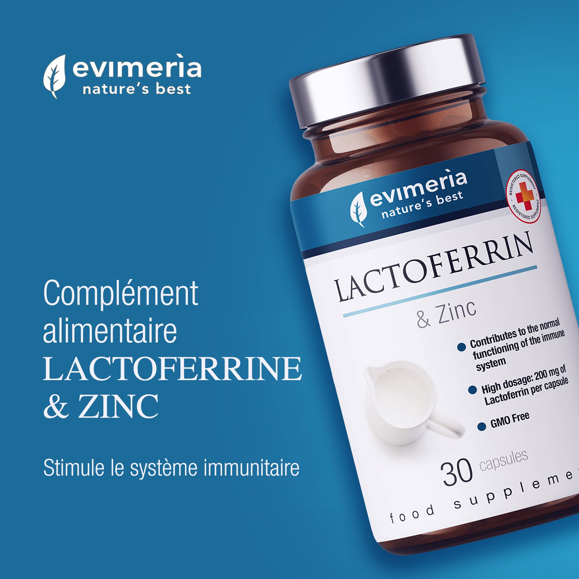 EVIMERIA Lattoferrine pure 200 mg et zinc | Contribue à renforcer le système immunitaire | Complément de défense immunitaire | Lattoferrine complémentaire | Stimule les défenses immunitaires Lot de 2