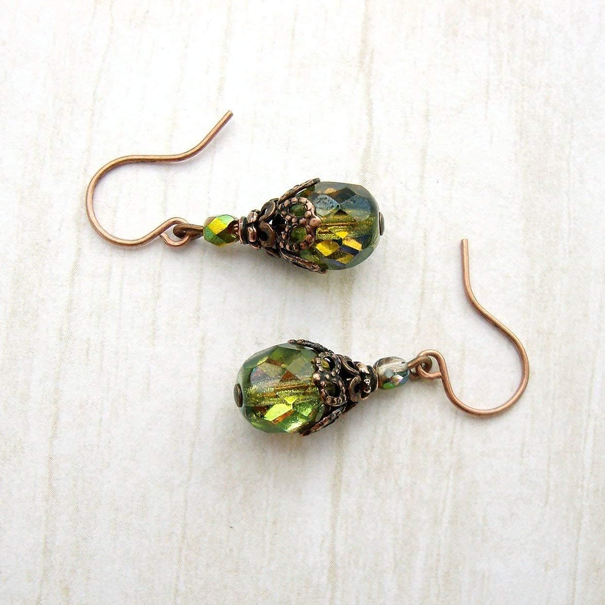 Iridescent Green Autumn Colored Earrings Antiqued Copper-Plated Filigree