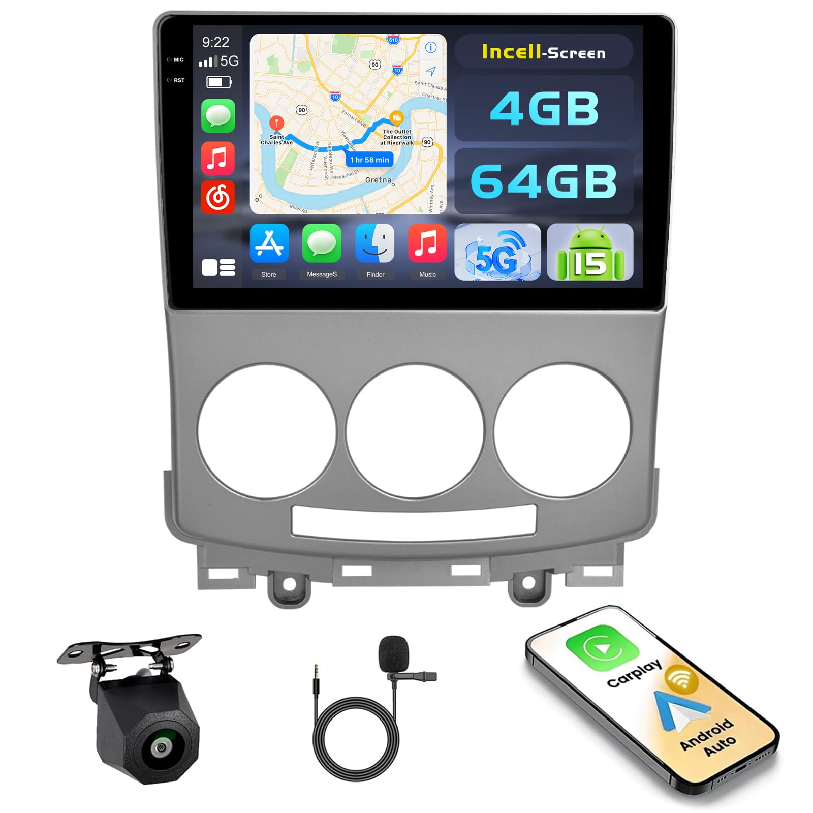 Hikity Android 15 Autoradio für Mazda 5 2005-2010 9 Zoll Wireless CarPlay