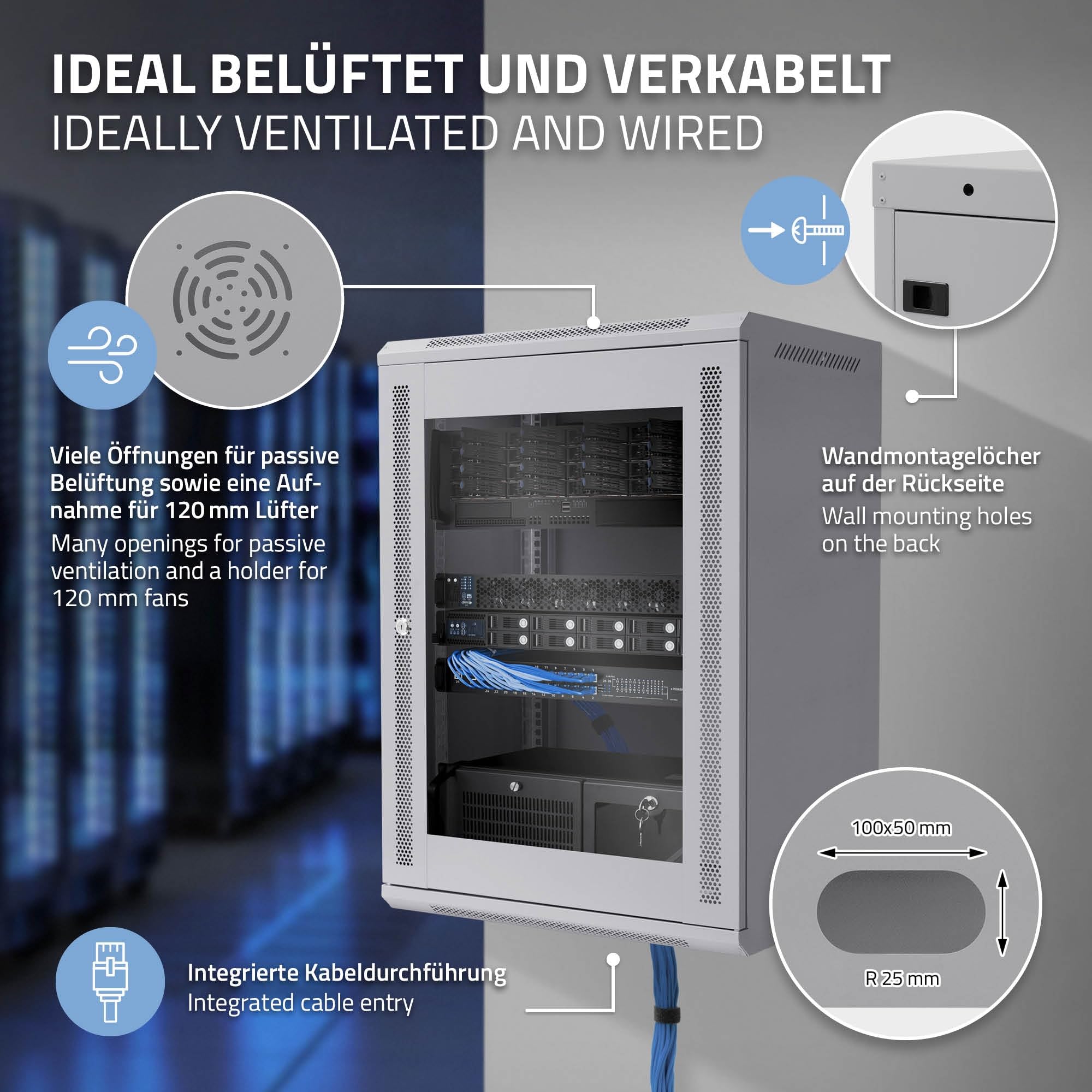 ECD Germany Armario de Red 16 U(Unid de Altura)Mueble para Servidores, Rack 19 Pulgadas Gris Montaje en Pared 600 x 850 x 450 mm Carcasa con Puerta de Cristal y Cerradura de Seguridad, Capacidad 60kg