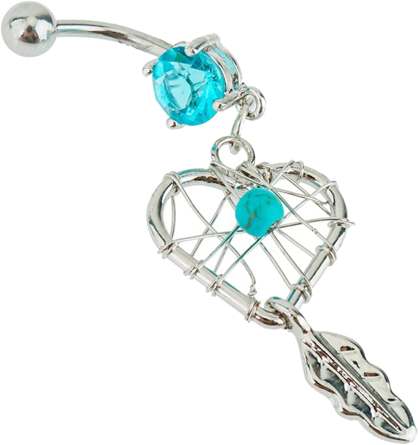 VAGASHOP Belly Button Ring 316L Surgical Steel Navel Piercing Bananabell Barbell 14 Gauge with Heart Shaped Dreamcatcher Decoration and Blue Pearls Beads