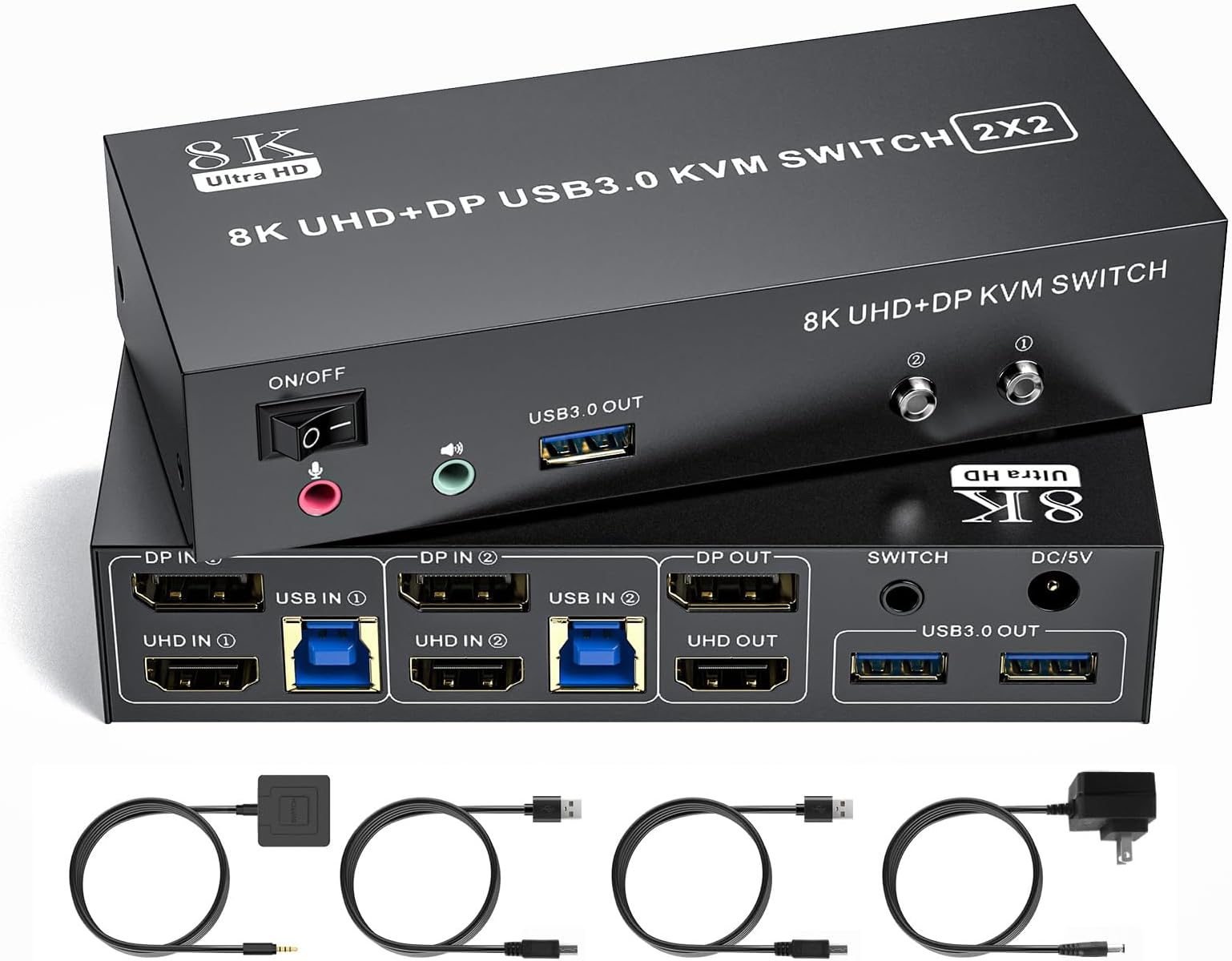 8K KVM Switch 2 Monitors 2 Computers 8K@60Hz 4K@120Hz HDMI+Displayport Dual Monitor KVM Switches 3 USB3.0 Ports for Sharing Keyboard Mouse Mic Headset with 2 USB Cable Power Adapter Desktop Controller