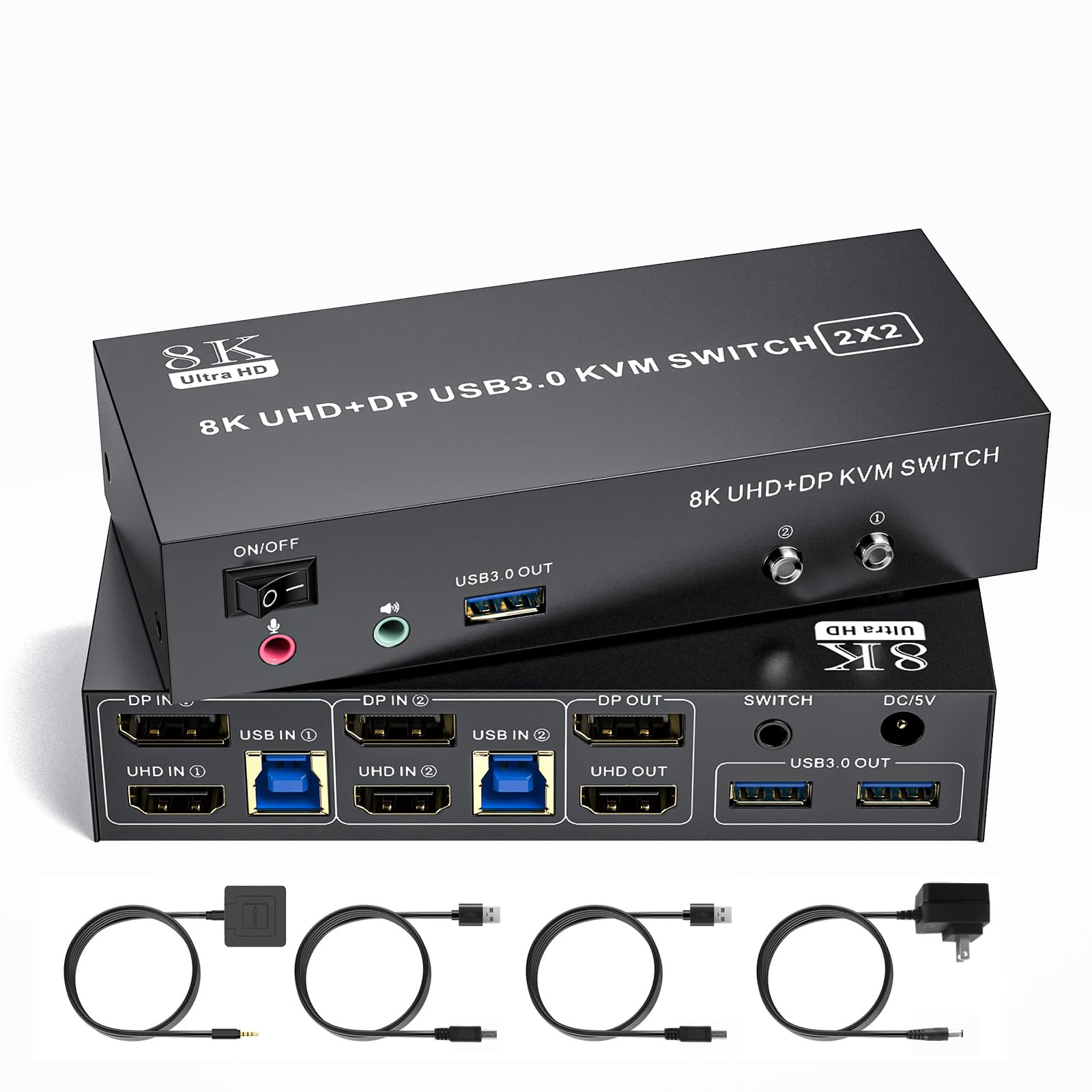 8K KVM Switch 2 Monitors 2 Computers 8K@60Hz 4K@120Hz HDMI+Displayport Dual Monitor KVM Switches 3 USB3.0 Ports for Sharing Keyboard Mouse Mic Headset with 2 USB Cable Power Adapter Desktop Controller