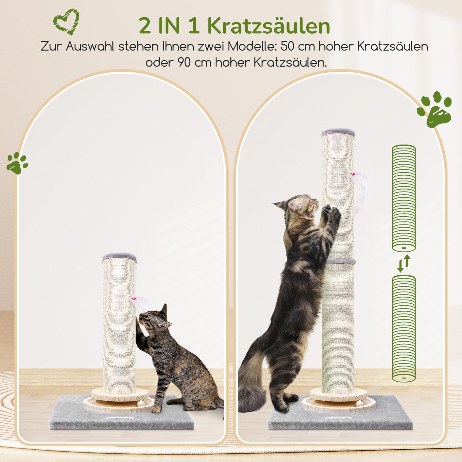 Globlazer Kratzstamm XXL, Kratzsäule Groß Stabil hoch 90 cm & 50 cm 2 IN 1 Einstellbar mit Große Basis Dicker Stamm Sisal Plüschball Holz Trackingball, Kratzsäulen für Große Katzen (SC35, Hellgrau)
