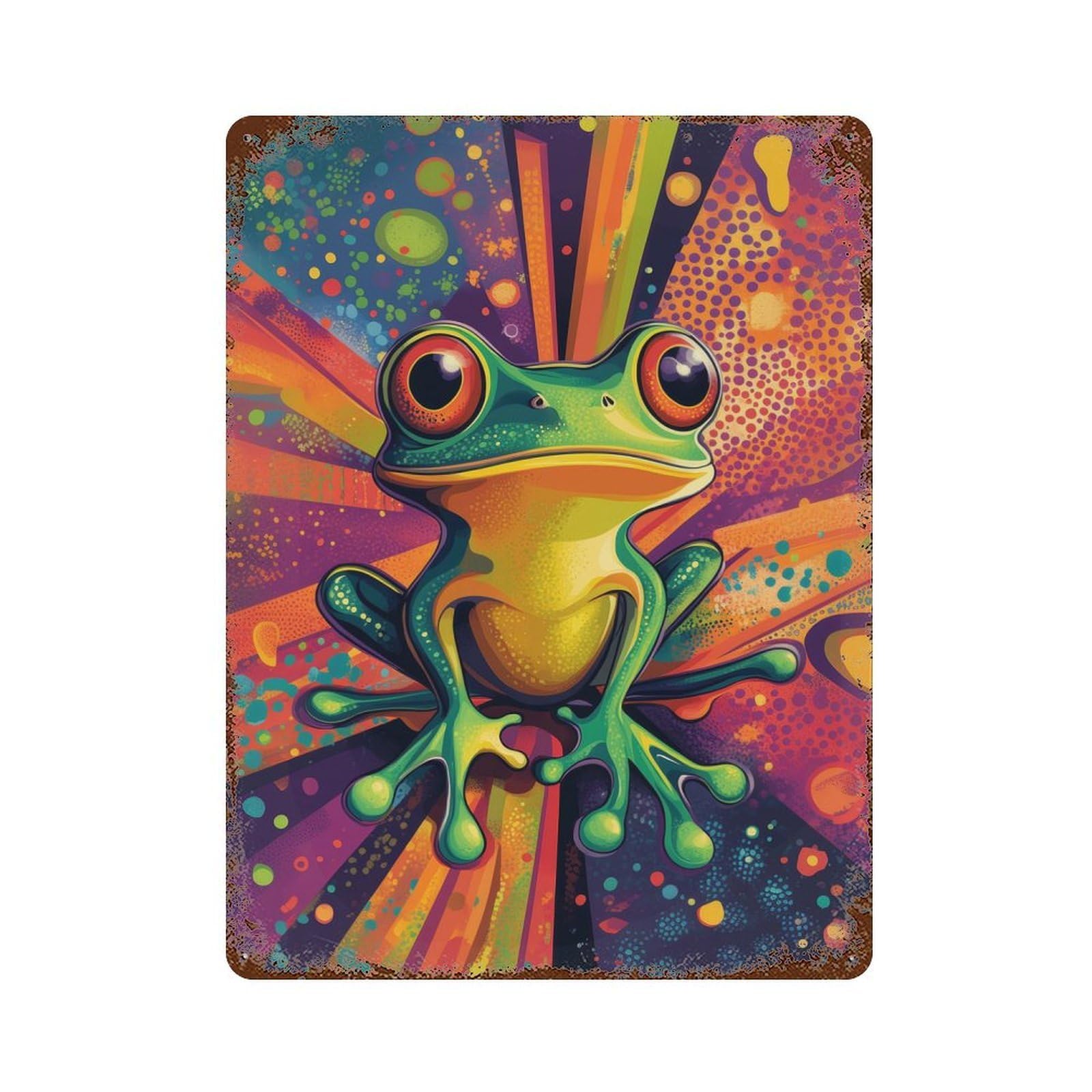 Psychedelic Frog Art Neon Tree Frog Wall Print Rusty Metal Tin Sign 15.7"x11.8", Shabby Chic Decor for Garage, Bar And Workshop Decor