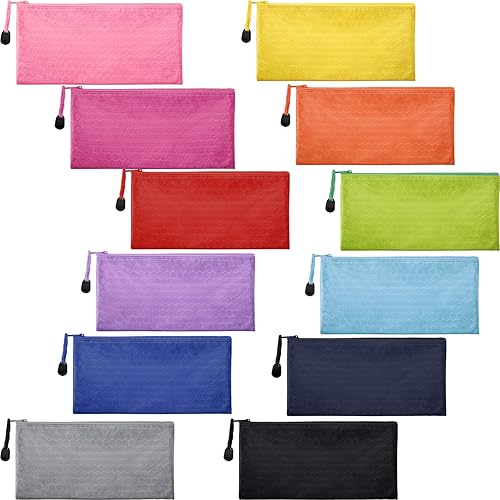 Bolsa impermeable con cremallera de 12 piezas para lápices, cosméticos, maquillaje, suministros de oficina y accesorios de viaje (12 colores)