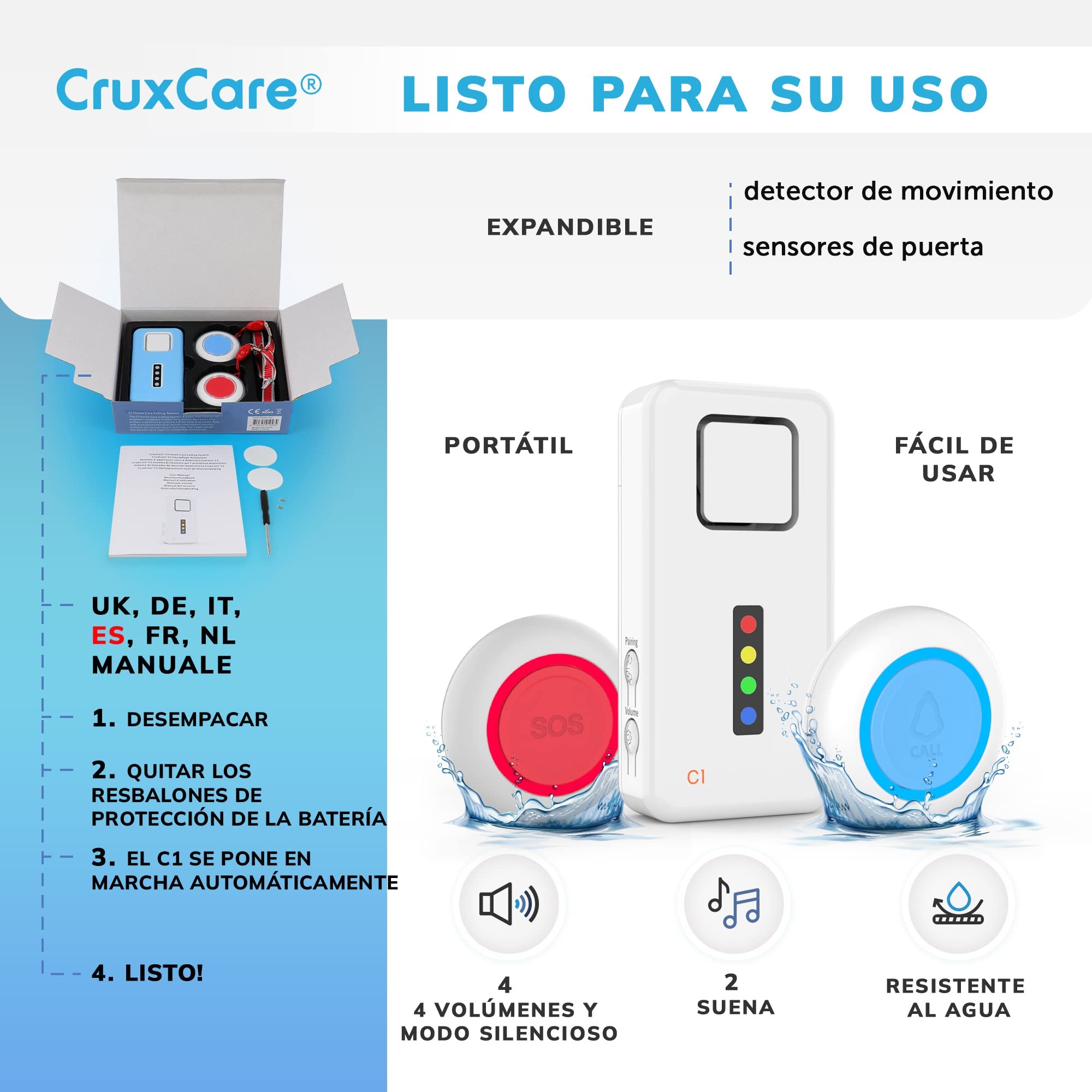 C1 Buscapersonas Inalámbrico Ancianos y Cuidador - 2 Botones SOS