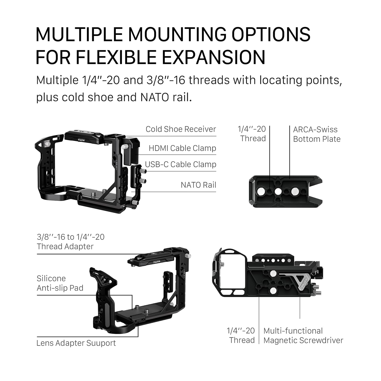 Tilta FX2 Cage, gabbia completa per fotocamera compatibile con il kit base Sony FX2 con impugnatura superiore Xeno, guida NATO, filettature 1/4“-20 e 3/8”-16 - Grigio titanio TA-T88-B-TG