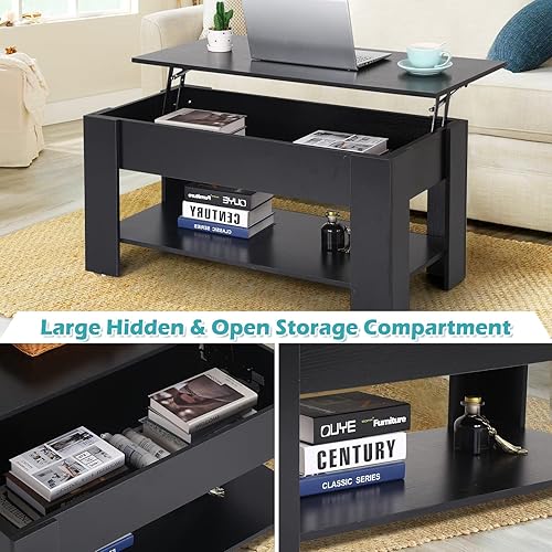 Miniatura 4 de Mesa auxiliar elevable, mesa de centro de madera ajustable de 39.4 pulgadas de altura con compartimento oculto y estante inferior de almacenamiento