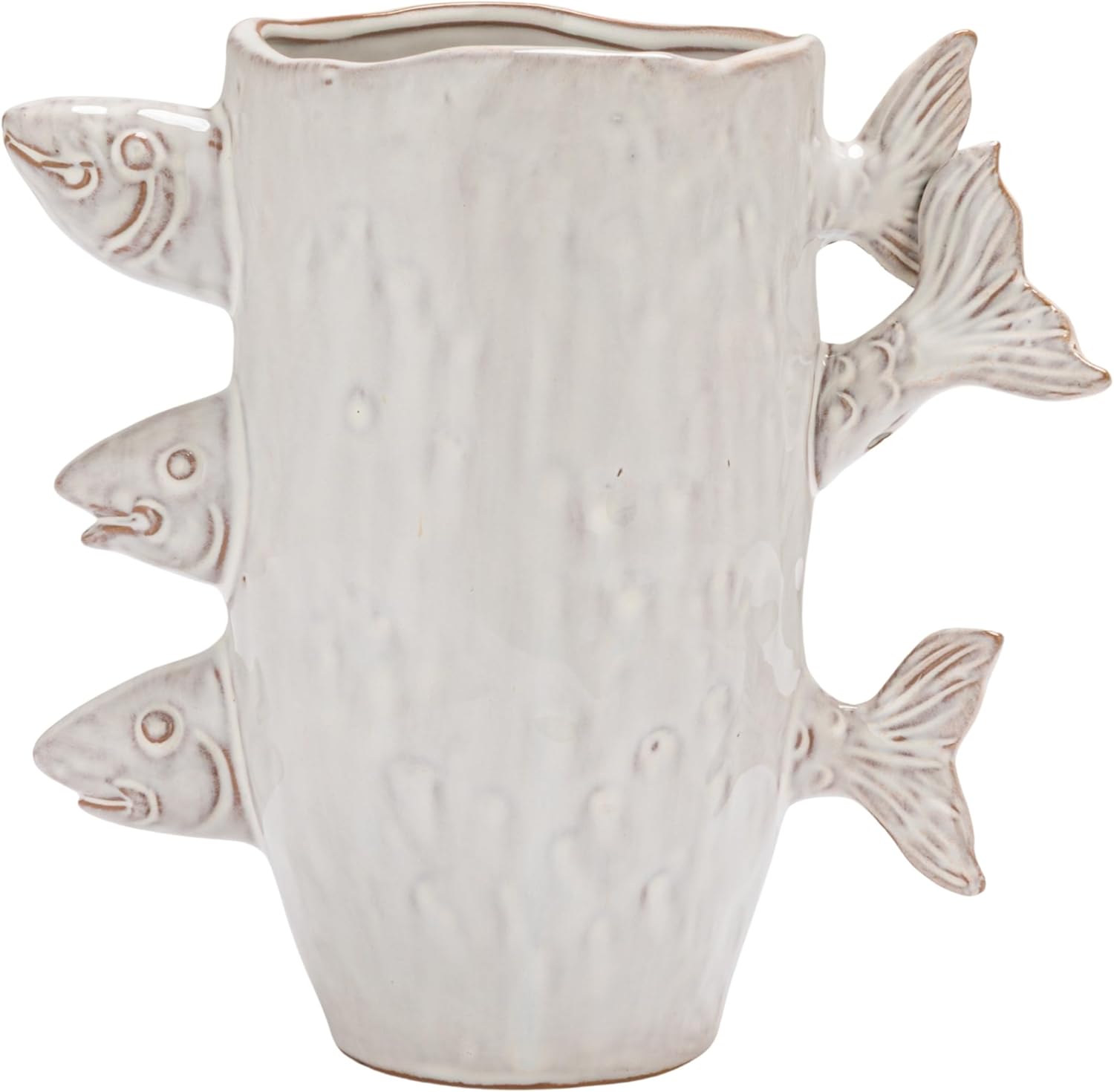 Creative Co-Op Stoneware Vase with 3D Fish and Reactive Glaze, White