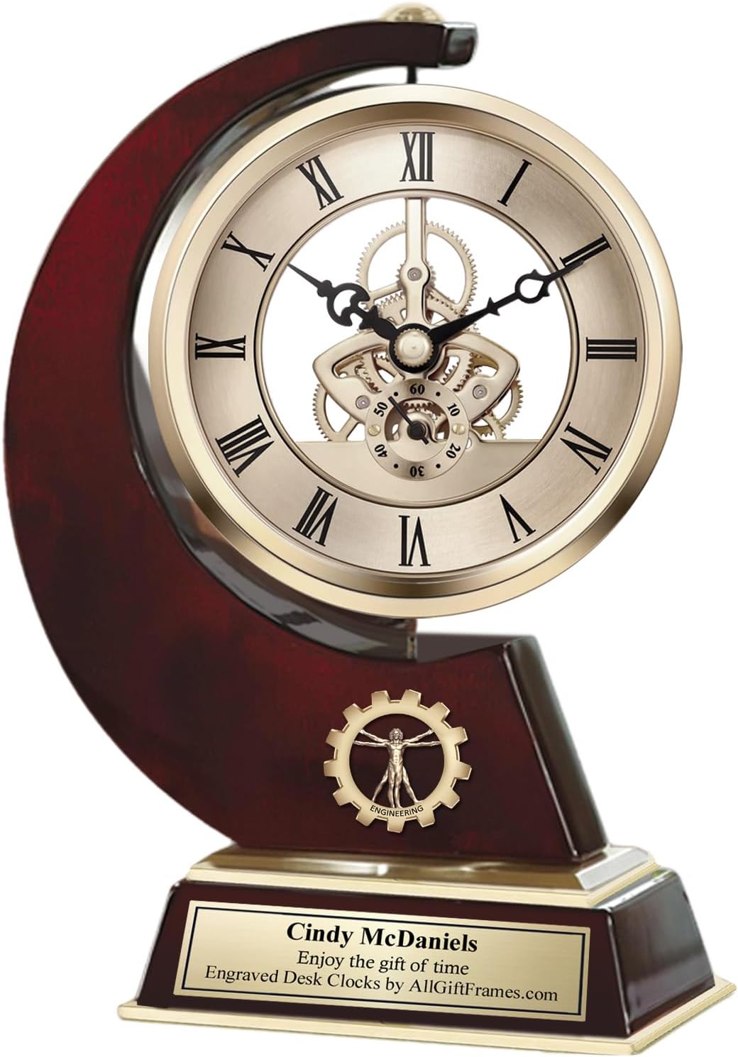 AllGiftFrames Davinci Engineer Logo Wood Gold 360 Degree Manual pivoting Sculpture engrave Desk Clock Home Office Decor Gear Retirement Service Award Plaque Stand Graduate Engineering Graduation