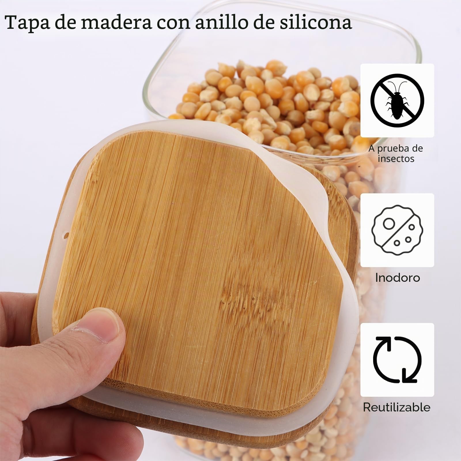 Tarros de Cristal con Tapa de Bambú Herméticos, 4 Botes Cocina Almacenaje 1500ml, Tarro Cristal 1500ml para Alimentos Secos, Vidrio Borosilicato Sin BPA, Transparente y Fácil de Limpiar