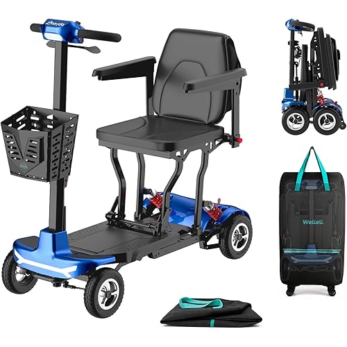 Mobility Scooter for Adults, Seniors - 37.5 lbs Ultra Lightweight Folding Mobility Scooters for Seniors Airport Approved, All Terrain 4 Wheel Motorized Scooter with Storage Bag for Travel, Blue