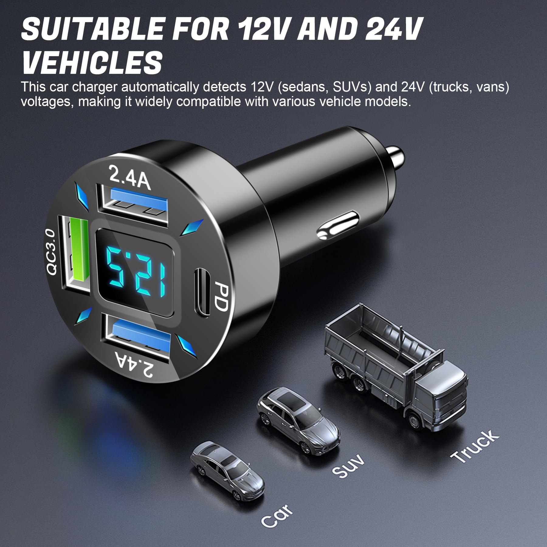 LivTee Kfz-Ladegerät mit 4 Anschlüssen, 12-24 V Zigarettenanzünder-Adapter mit 3 USB- und 1-USB-C-Anschluss, unterstützt QC/PD-Schnellladung, verfügt über Digitalanzeige und LED-Lichter, passend für
